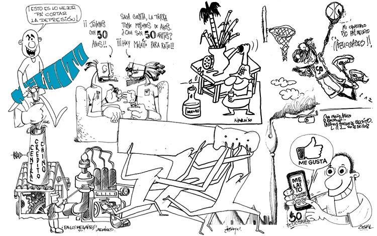 Collage de caricaturas de humoristas gráficos cubanos en honor a los 50 años del suplemento humorístico Melaíto.