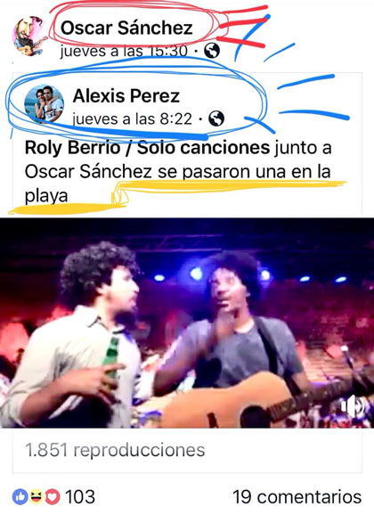 Publicación en Facebook de Alexis Pérez sobre Roly Berrío. Publicación en Facebook de Alexis Pérez sobre Roly Berrío.