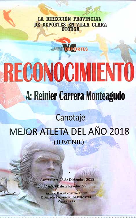 Reconocimiento a Reinier Carrera, atleta de canotaje de Villa Clara. Reconocimiento a Reinier Carrera, atleta de canotaje de Villa Clara.