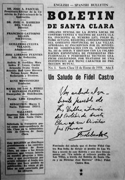 Saludo de Fidel al pueblo villareño en portada de Boletín de Santa Clara, 1959. Saludo de Fidel al pueblo villareño en portada de Boletín de Santa Clara, 1959.