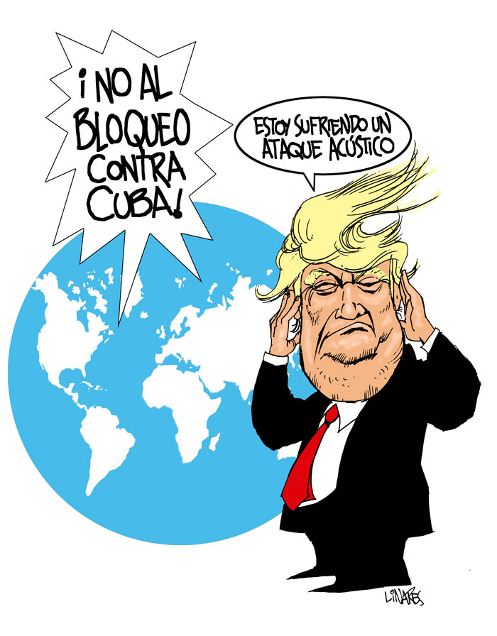 Caricatura de Adalberto Linares sobre Trump y la condena al bloqueo de EE. UU. contra Cuba. Caricatura de Adalberto Linares sobre Trump y la condena al bloqueo de EE. UU. contra Cuba.