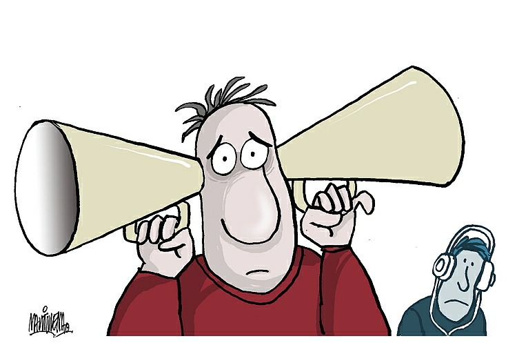 Ilustración de Martirena sobre uso de audífonos. Ilustración de Martirena sobre uso de audífonos.