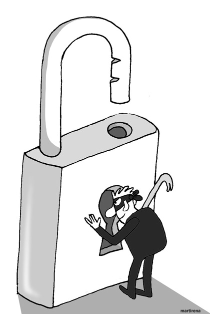 Cerrojos endebles. Ilustración de Alfredo Martirena sobre lucha contra ilegalidades.