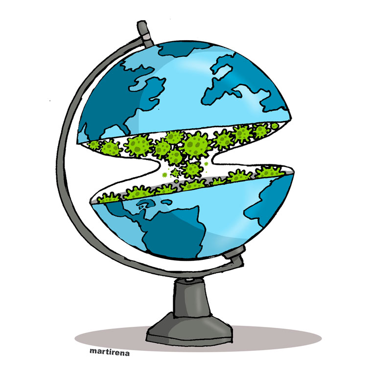 Ilustración de Alfredo Martirena sobre la COVID-19 en el mundo. Ilustración de Alfredo Martirena sobre la COVID-19 en el mundo.