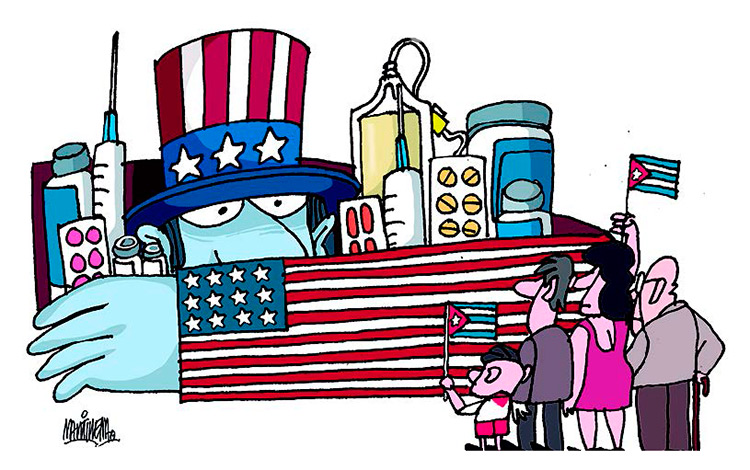 Ilustración del Alfredo Martirena sobre el afectaciones del bloqueo de EE. UU. a la salud del pueblo cubano. Ilustración del Alfredo Martirena sobre el afectaciones del bloqueo de EE. UU. a la salud del pueblo cubano.