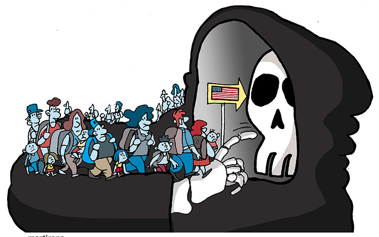 Ilustración de Alfredo Martirena sobre la emigración ilegal de cubanos incentivada por los Estados Unidos. Ilustración de Alfredo Martirena sobre la emigración ilegal de cubanos incentivada por los Estados Unidos.