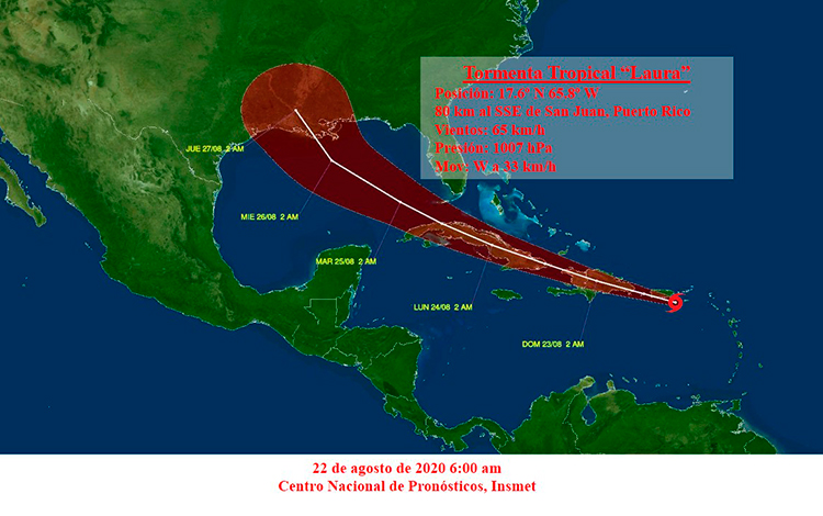 Cono de la tormenta tropical Laura, a las 6:00 a.m. del 22 de agosto de 2020.