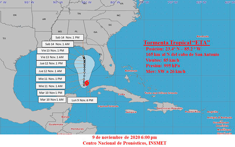 Cono de trayectoria de la tormenta tropical Eta a las 6:00 de la tarde del 9 de noviembre de 2020.