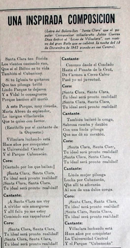 Letra del bolero-son dedicado al Liceo de Villaclara por Julio Cueva, y aparecida en La Publicidad del 18 de enero de 1943. (Fotocopia: Luis Machado Ordetx) Letra del bolero-son dedicado al Liceo de Villaclara por Julio Cueva, y aparecida en La Publicidad del 18 de enero de 1943. (Fotocopia: Luis Machado Ordetx)