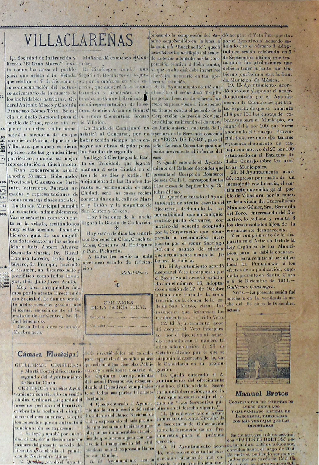 Primer encuentro del joven Julio Cueva Díaz con Santa Clara en el certamen de bandas de música de 1911, según refiere La Publicidad del viernes 8 de diciembre de ese año. (Fotocopia: Luis Machado Ordetx) Primer encuentro del joven Julio Cueva Díaz con Santa Clara en el certamen de bandas de música de 1911, según refiere La Publicidad del viernes 8 de diciembre de ese año. (Fotocopia: Luis Machado Ordetx)
