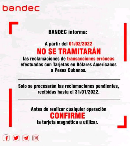 Disposición de Bandec sobre error en transacciones con tarjetas de USD. Disposición de Bandec sobre error en transacciones con tarjetas de USD.