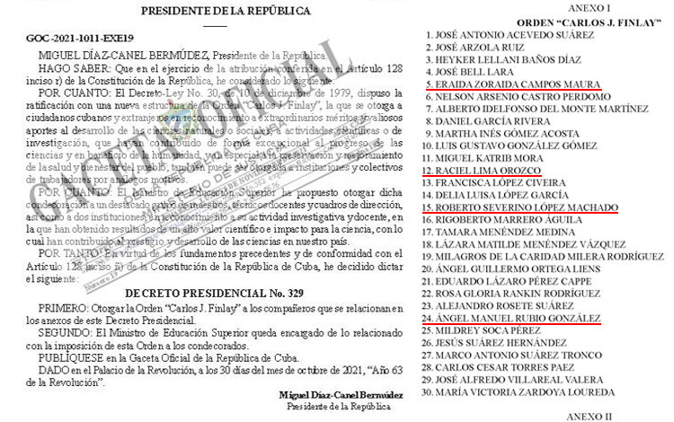 Fragmento de la Gaceta Oficial en la que se publicó el Decreto Presidencial para la entrega de la Orden Carlos J. Finlay. Fragmento de la Gaceta Oficial en la que se publicó el Decreto Presidencial para la entrega de la Orden Carlos J. Finlay.