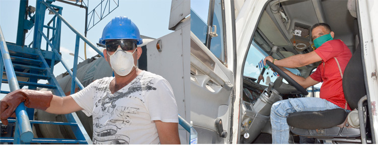 El operado de despacho Alberto Pérez López, y el chofer Amaury Mirabal López, laboran sin descanso, en los empeños por trasportar hacia todas las provincias del país, el hipoclorito de sodio necesario para enfrentar la epidemia. (Fotos: Ramón Barreras Valdés) El operado de despacho Alberto Pérez López, y el chofer Amaury Mirabal López, laboran sin descanso, en los empeños por trasportar hacia todas las provincias del país, el hipoclorito de sodio necesario para enfrentar la epidemia. (Fotos: Ramón Barreras Valdés)