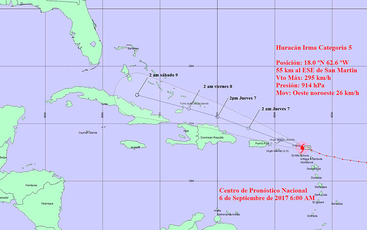 Cono de trayectoria del huracán Irma, en aviso de ciclón tropical no. 11.