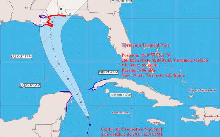 Cono de trayectoria de Tormenta Tropical Nate