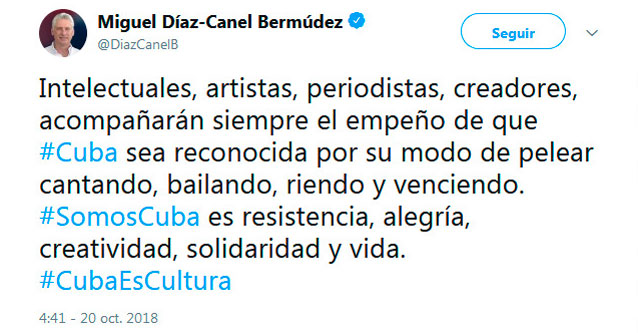 Tuit de Miguel Dí­az-Canel por el Dí­a de la Cultura Cubana.