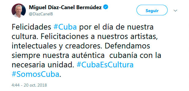 Tuit de Miguel Dí­az-Canel por el Dí­a de la Cultura Cubana.