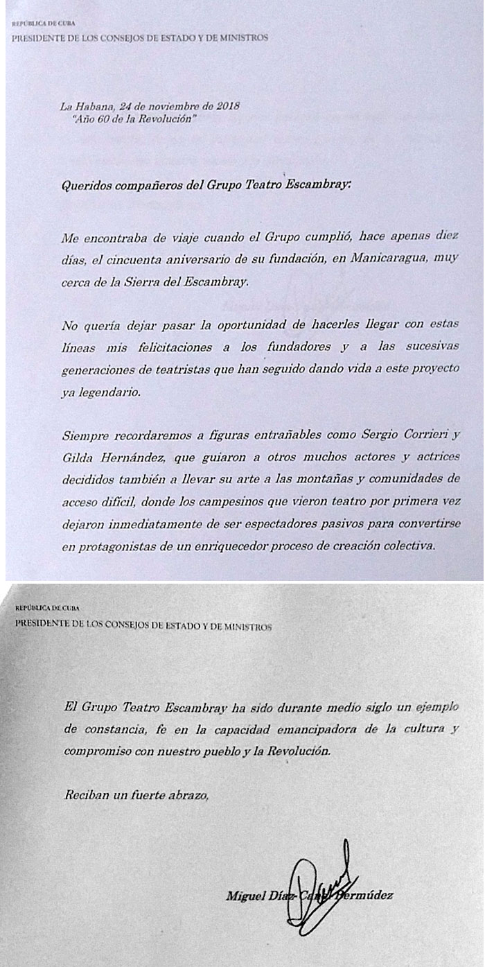Carta del presidente cubano al Grupo Teatro Escambray.