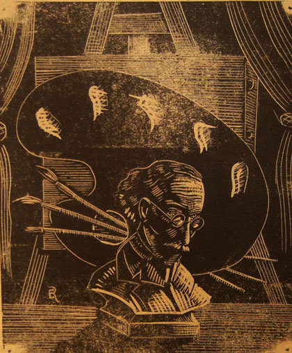 Romañach visto según un grabado en madera elaborado en 1945 por Manolo Guillermo Fernández García. Romañach visto según un grabado en madera elaborado en 1945 por Manolo Guillermo Fernández García.