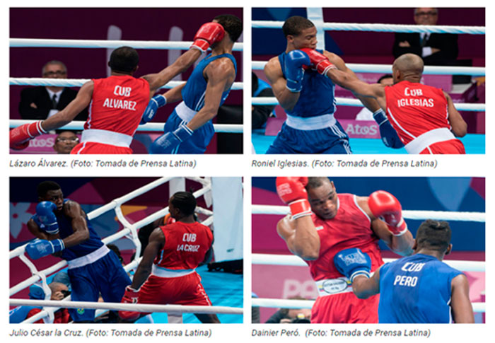 Boxeadores cubanos ganadores de oro en el primer cartel final de los Panamericanos de Lima 2019.