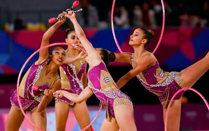 Conjunto de gimnasia rí­timica de Cuba en los Panamericanos de Lima 2019.