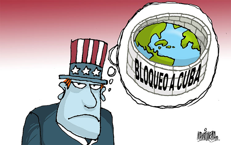 Caricatura de Alfredo Martirena sobre el bloqueo de EE. UU. contra Cuba.