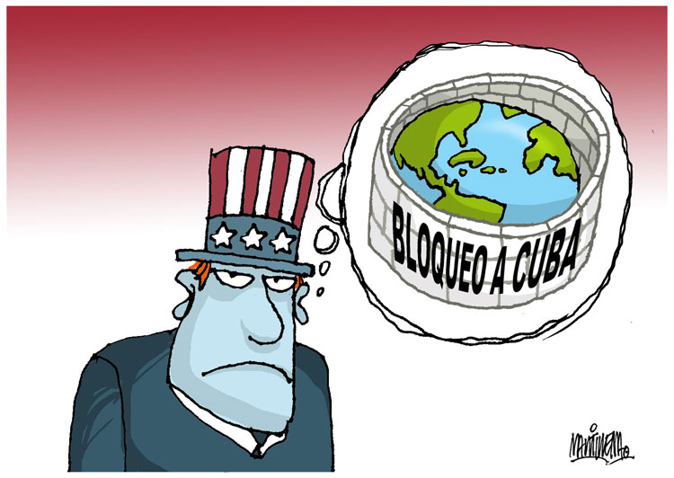Caricatura de Alfredo Martirena sobre el bloqueo de EE. UU. contra Cuba.