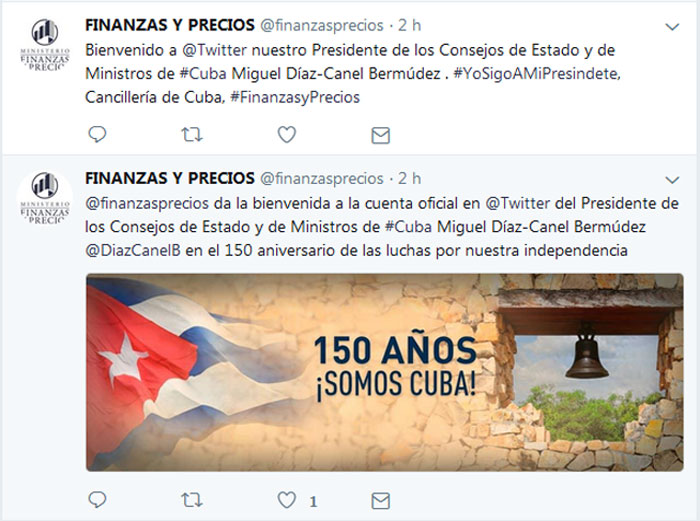 Tweets en la cuenta oficial del presidente de Cuba, Miguel Dí­az-Canel.