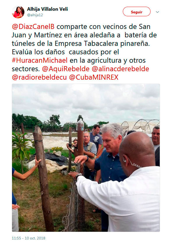 Tweet de la periodista Alhija Villalón sobre la visita del presidente, Miguel Dí­az-Canel, a Pinar del Rí­o.