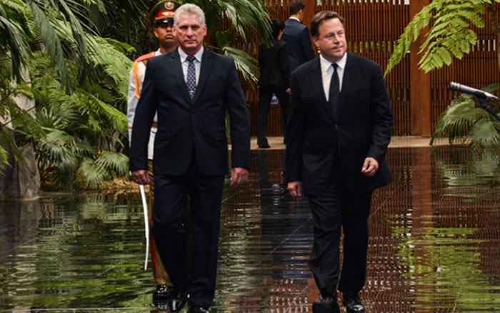 Presidente cubano, Miguel Dí­az-Canel, recibe a presidente de Panamá, Juan Carlos Varela.