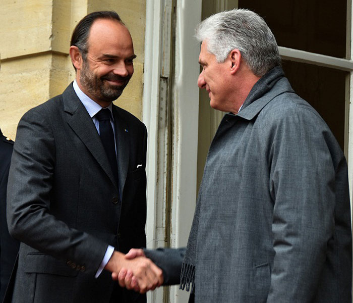 Presidente cubano, Miguel Dí­az-Canel, y primer ministro de Francia, Edouard Philippe.