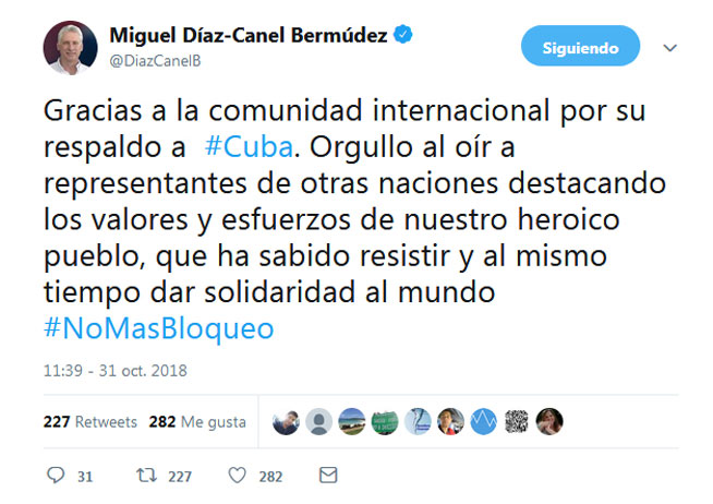 Tuit de Miguel Dí­az-Canel sobre debate en la ONU sobre la resolución de Cuba contra el bloqueo.