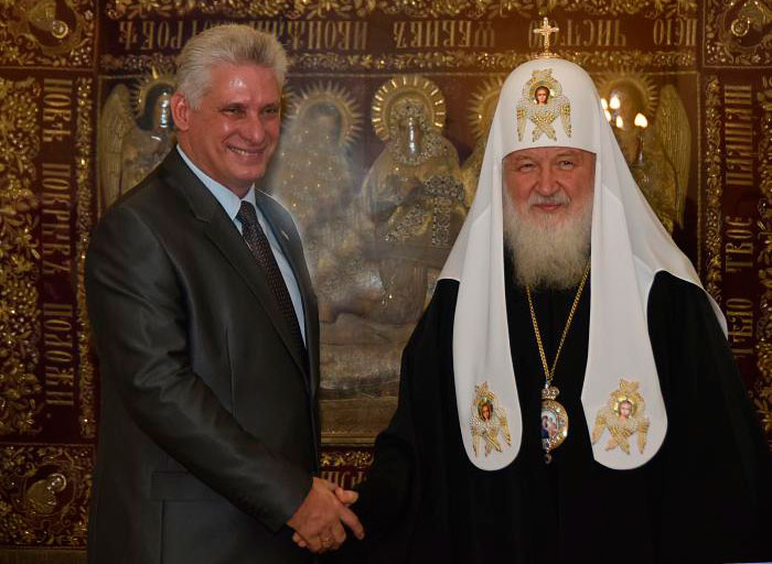 Miguel Díaz-Canel y el patriarca de Rusia, su santidad Kirill.
