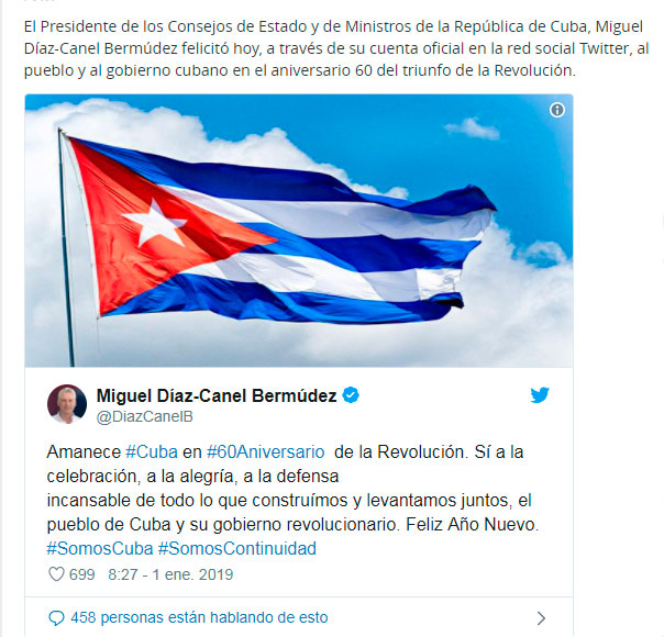 Tuit de Miguel Dí­az-Canel en saludo al aniversario 60 del triunfo de la Revolución.