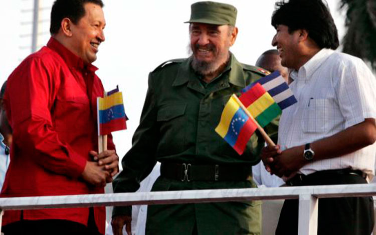 Fidel, Chávez y Evo Morales