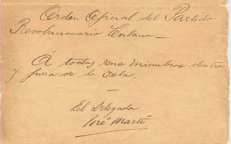 Fragmento del manuscrito de la orden de alzamiento emitida por José Martí al general Francisco Carrillo.