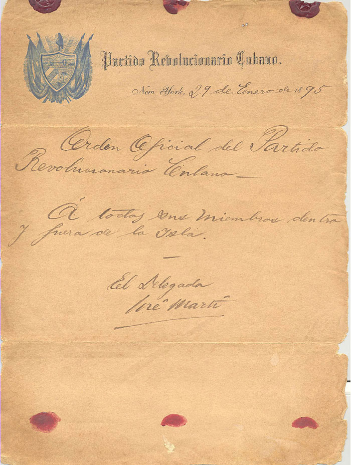Hoja 1 del manuscrito de la orden de alzamiento de José Martí­ al general Francisco Carrillo.