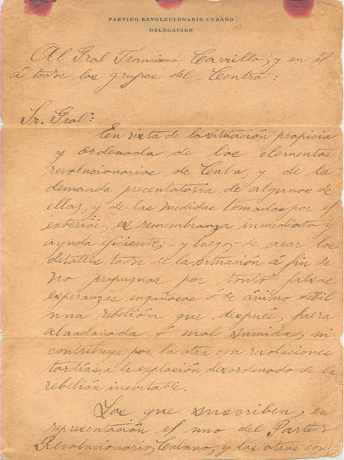 Hoja 2 del manuscrito de la orden de alzamiento de José Martí­ al general Francisco Carrillo.