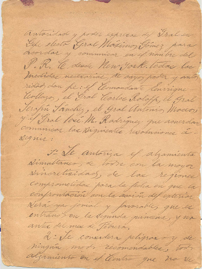 Hoja 3 del manuscrito de la orden de alzamiento de José Martí­ al general Francisco Carrillo.