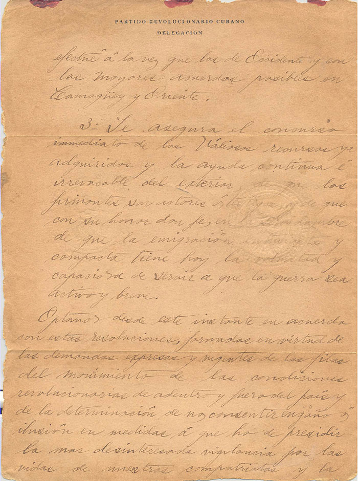 Hoja 4 del manuscrito de la orden de alzamiento de José Martí­ al general Francisco Carrillo.