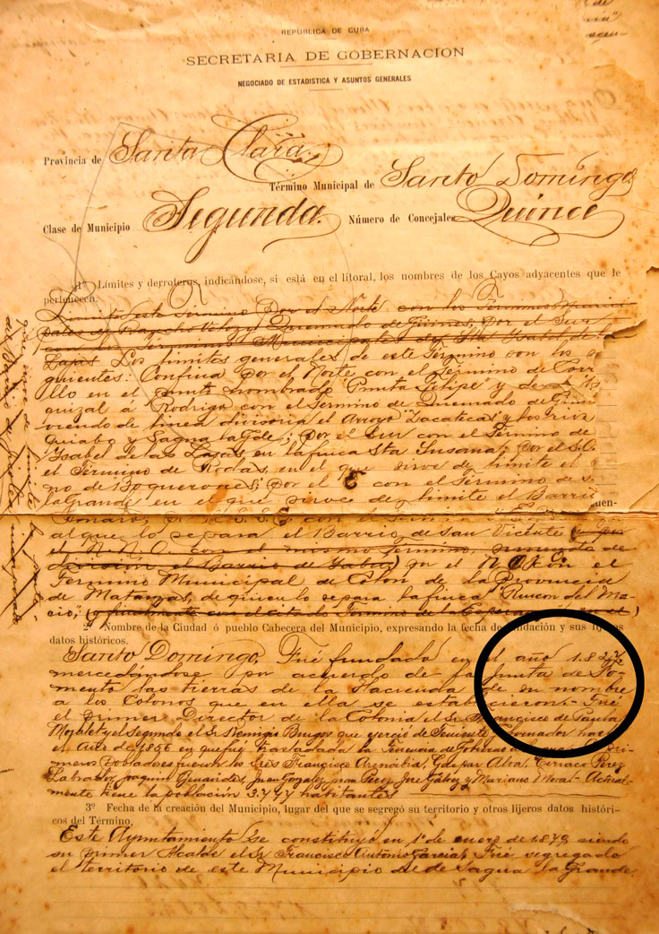 Documento de 1912 sobre Santo Domingo, territorio de Villa Clara, Cuba. Documento de 1912 sobre Santo Domingo, territorio de Villa Clara, Cuba.