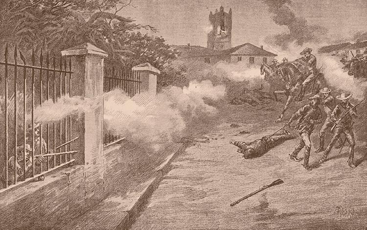 Grabado español de la defensa de Santa Clara la noche del 22 al 23 de marzo. 