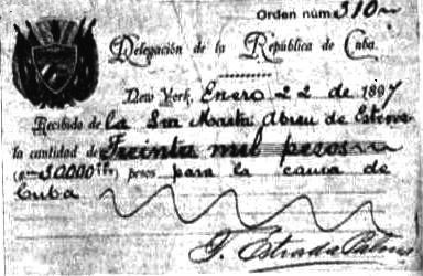 Bono a nombre de Marta Abreu por contribución monetaria a la causa de Cuba. Bono a nombre de Marta Abreu por contribución monetaria a la causa de Cuba.
