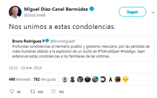 Tuit de Miguel Díaz-Canel expresando condolencias por incendio en ducto de México.