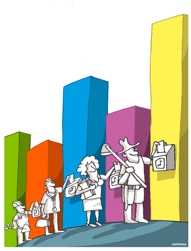 Caricatura de Alfredo Martirena sobre crecimiento de la economía y bienestar social. Caricatura de Alfredo Martirena sobre crecimiento de la economía y bienestar social.