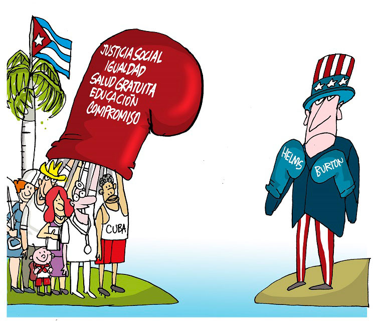 Caricatura de Alfredo Martirena sobre la reacción de Cuba ante la Ley Helms-Burton.