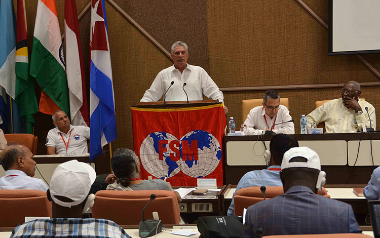 Miguel Díaz-Canel interviene en Consejo Ejecutivo de la Federación Sindical Mundial.