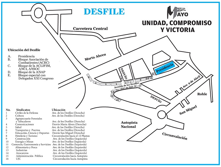 Mapa del desfile del Primero de Mayo en Villa Clara