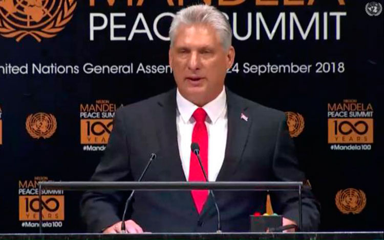 Presidente cubano Miguel Díaz-Canel, interviene en Cumbre de Paz Nelson Mandela.