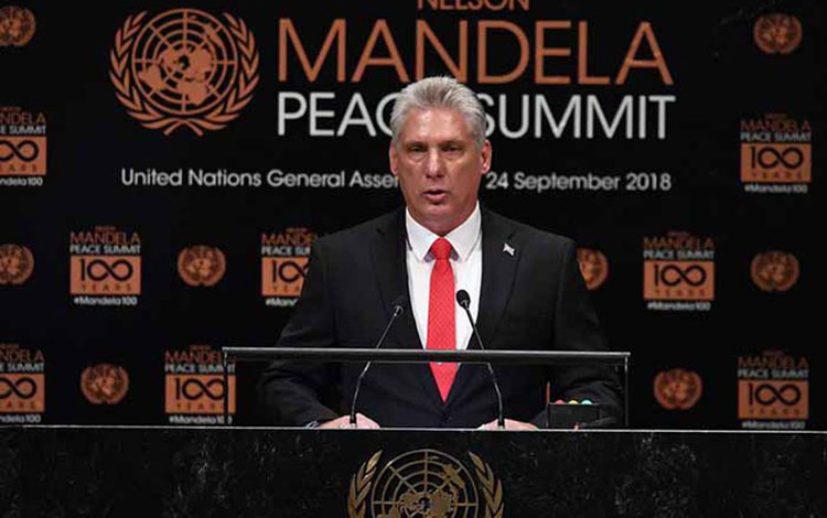 Presidente de Cuba, Miguel Díaz-Canel Bermúdez, interviene en la Cumbre de Paz Nelson Mandela, 24 de septiembre de 2018. Presidente de Cuba, Miguel Díaz-Canel Bermúdez, interviene en la Cumbre de Paz Nelson Mandela, 24 de septiembre de 2018.